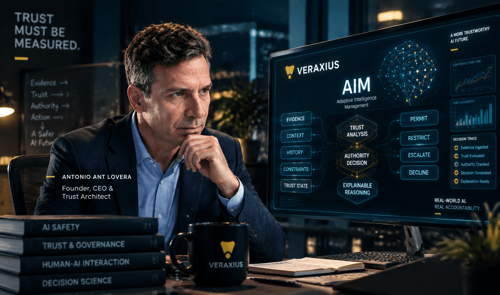 Antonio Lovera, Veraxius Founder, at his desk with the AIM interface